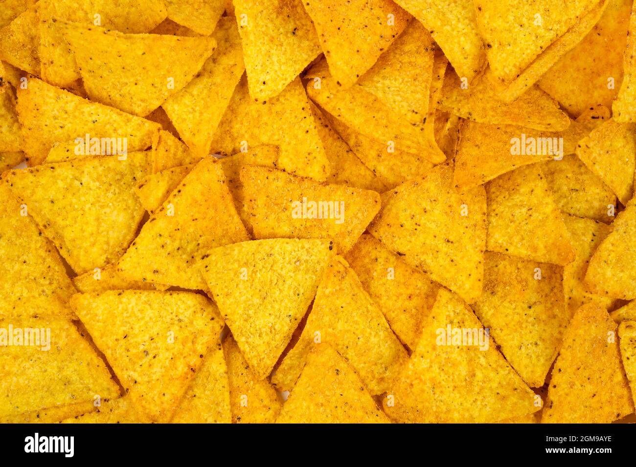 Mexican nachos chips are spread all over the plane. Tortilla chips