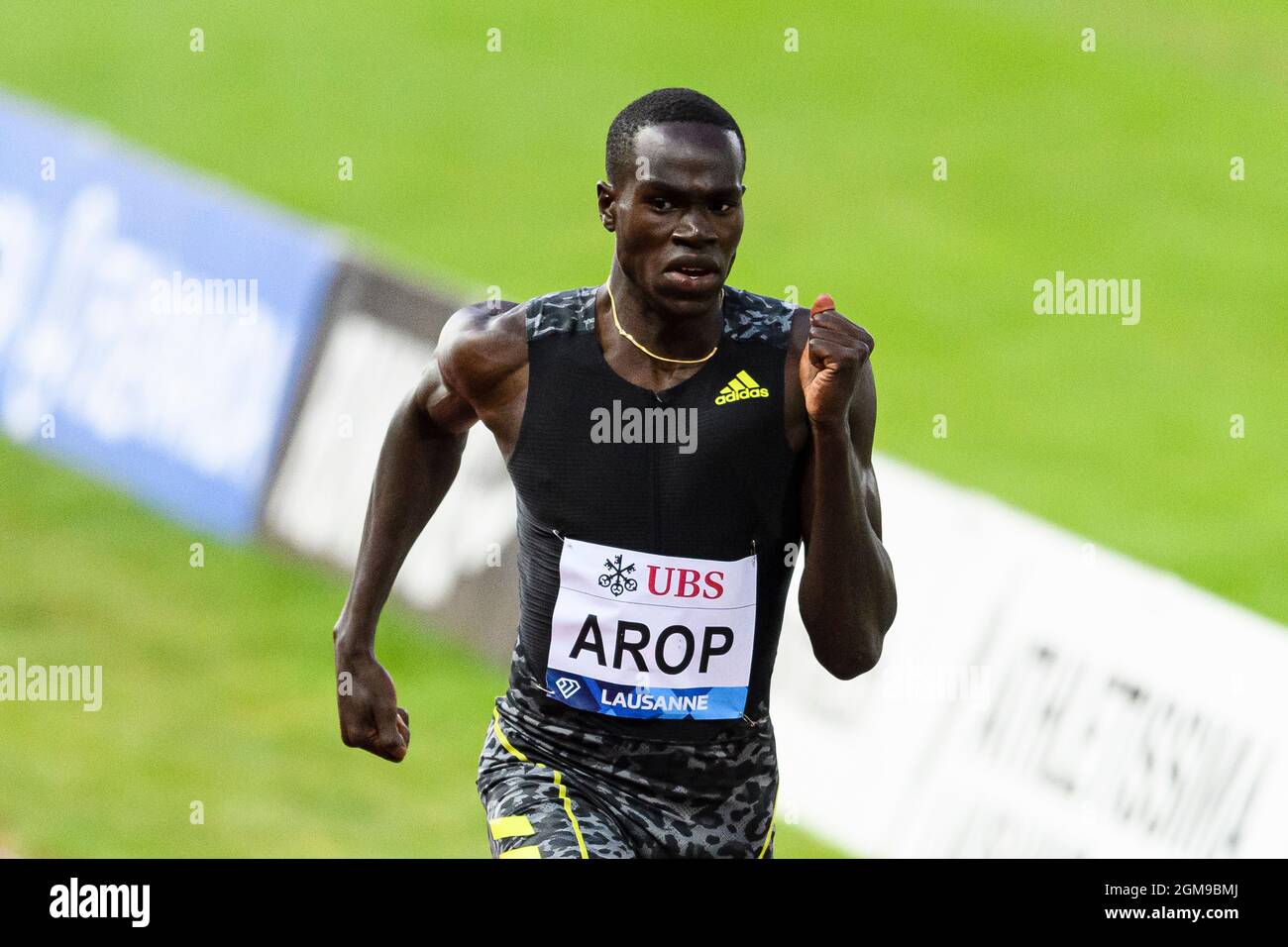 LAUSANNE, SWITZERLAND - AUGUST 26: Marco Arop of Canada runs during the  800M Men's Final during the Athletissima Lausanne 2021 at Stade Olympique  Pontaise on August 26, 2021 in Lausanne, Switzerland. (Photo