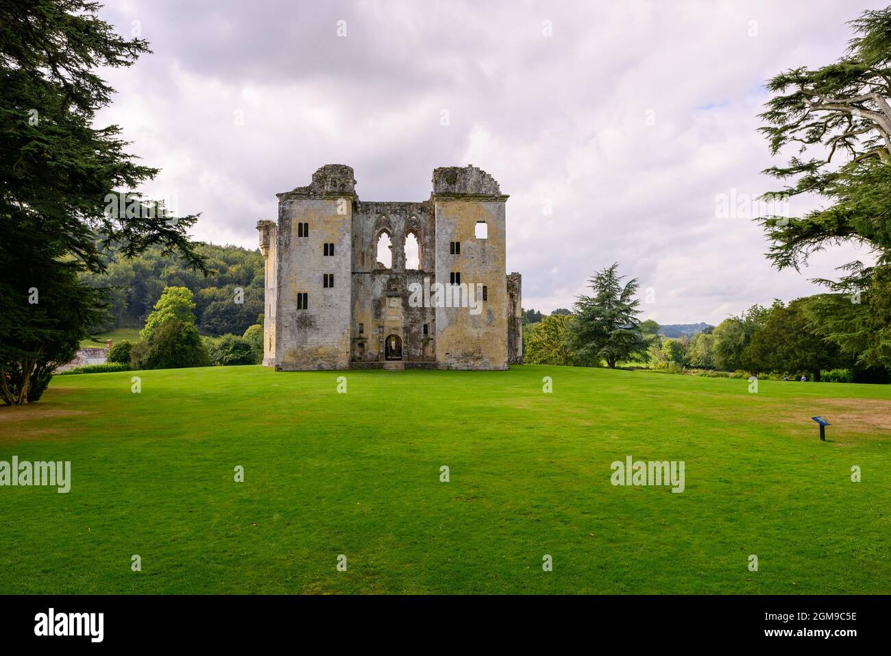 Old Wardour Castle, Tisbury, Wilshire, UK. Front view with manicured lawn and gardens. Stock Photo