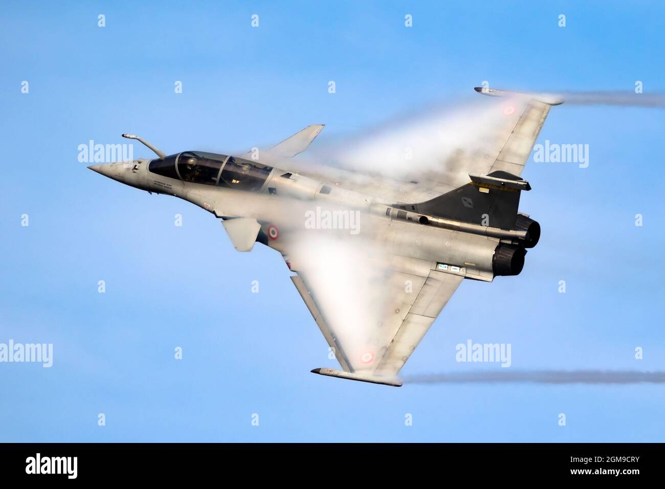 French Air Force Dassault Rafele in flight over Kleine-Brogel Air Base ...