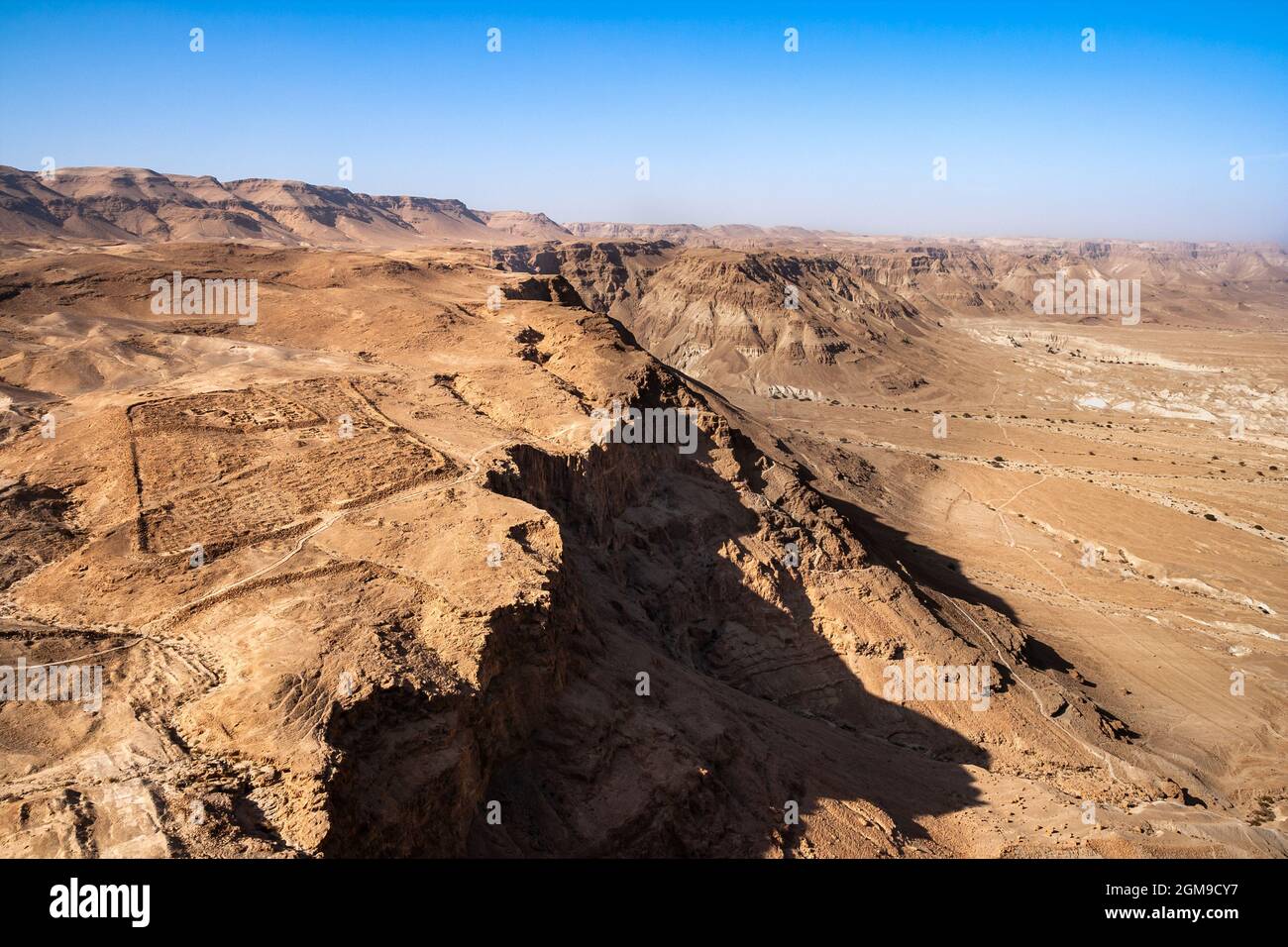 Ruins of the Roman Camp from the Siege of Masada viewed from Masada in the Negev desert, Israel Stock Photo
