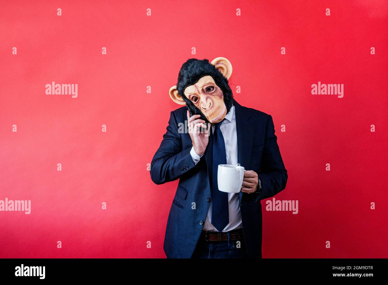 Businessman in monkey mask stressed with coffee and talking on the phone. Stock Photo