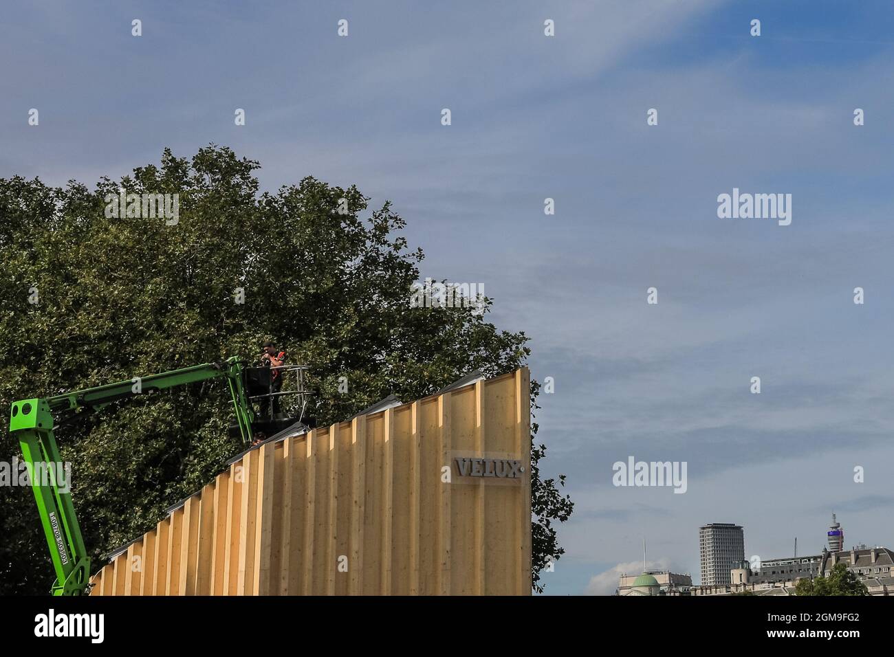 London, UK. 17th Sep, 2021. Final touches are applied before the installation opens this eve. 'The Cube' by Velux is an artistic installation on the South Bank that will act as a sanctuary for Londoners to restore and relax. Designed by Danish architecture firm, Henning Larsen, the installation will features a mosaic of roof windows and sound installations. London Design Festival (LDF) takes place at the V&A and across sites in London from 18 to 26 Sep. Credit: Imageplotter/Alamy Live News Stock Photo