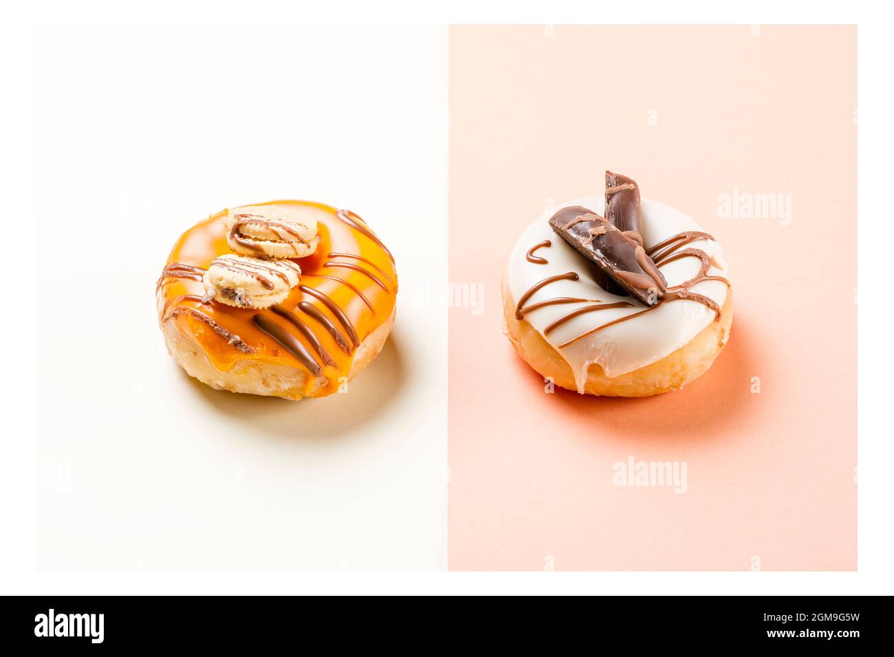 Photograph of two donuts decorated with cookies and drawn with chocolate.The photo is taken in landscape format and has a white frame around it. Stock Photo