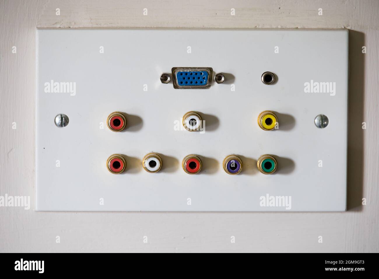 Television video connection point with RCA and VGA sockets on a hotel wall. Stock Photo
