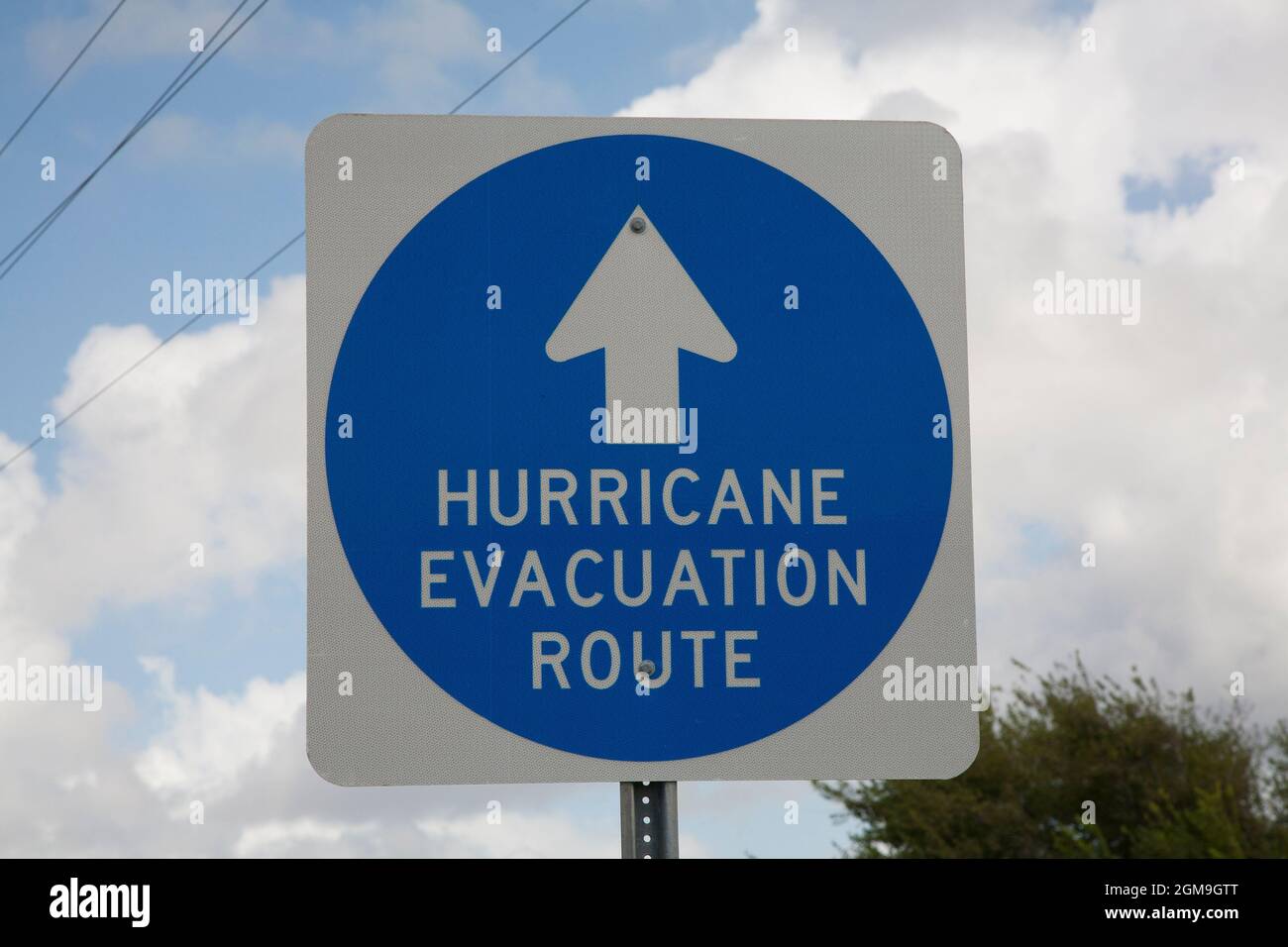 'Hurricane Evacuation Route' sign, LA-27 east of Cameron. Louisiana hurricanes since 2000; Lili, Katrina, Rita, Ike, Laura, and Ida. Stock Photo