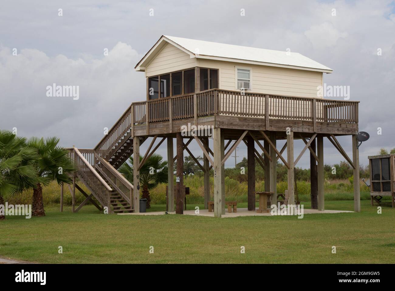 One of two buildings that survived Hurricane Ike in 2008 at Constance Beach near Johnson Bayou. All others were swept away. Stock Photo