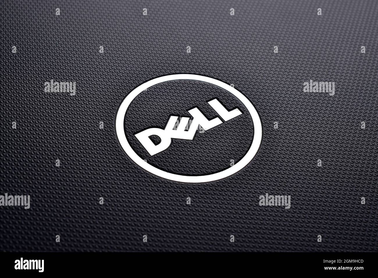 INDIA, DELHI - february 12, 2019: Dell logo on textured black laptop, close up Stock Photo