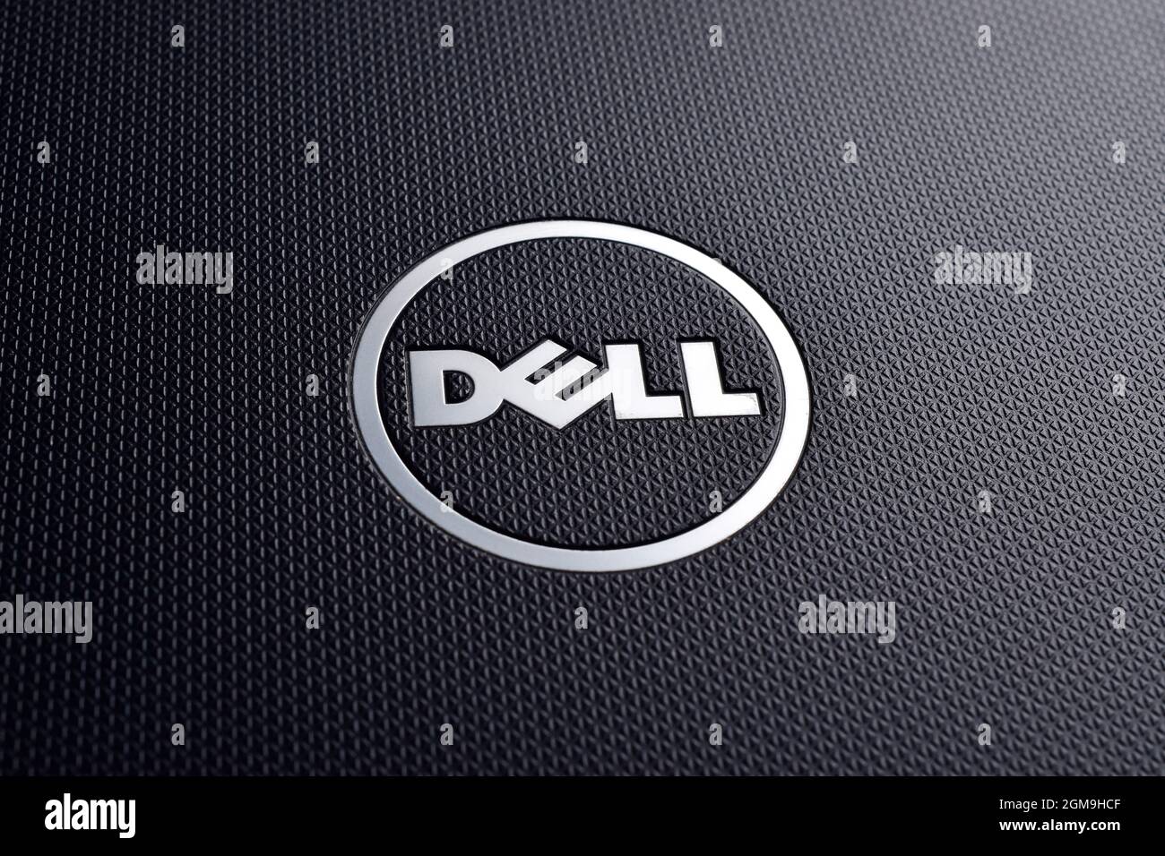 INDIA, DELHI - februaryr 12, 2019: Dell logo on textured black laptop, close up Stock Photo