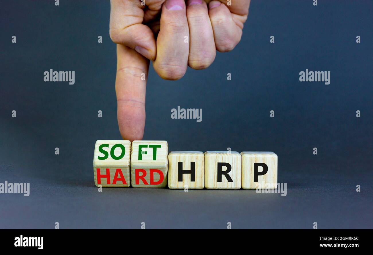 HRP, human resource planning symbol. Businessman turns wooden cubes and ...