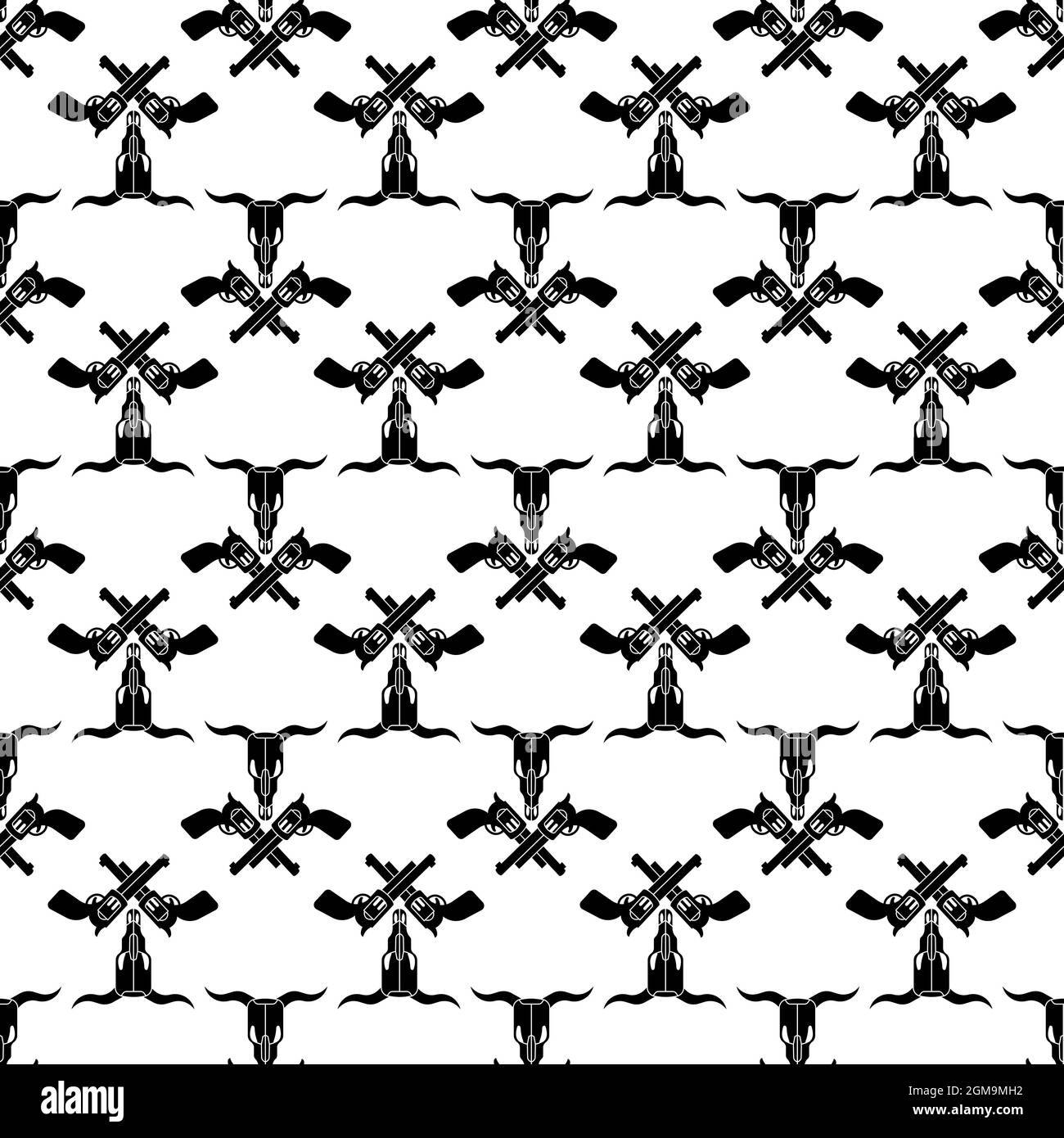 Cow skull cross revolver pattern seamless background texture repeat wallpaper geometric vector Stock Vector