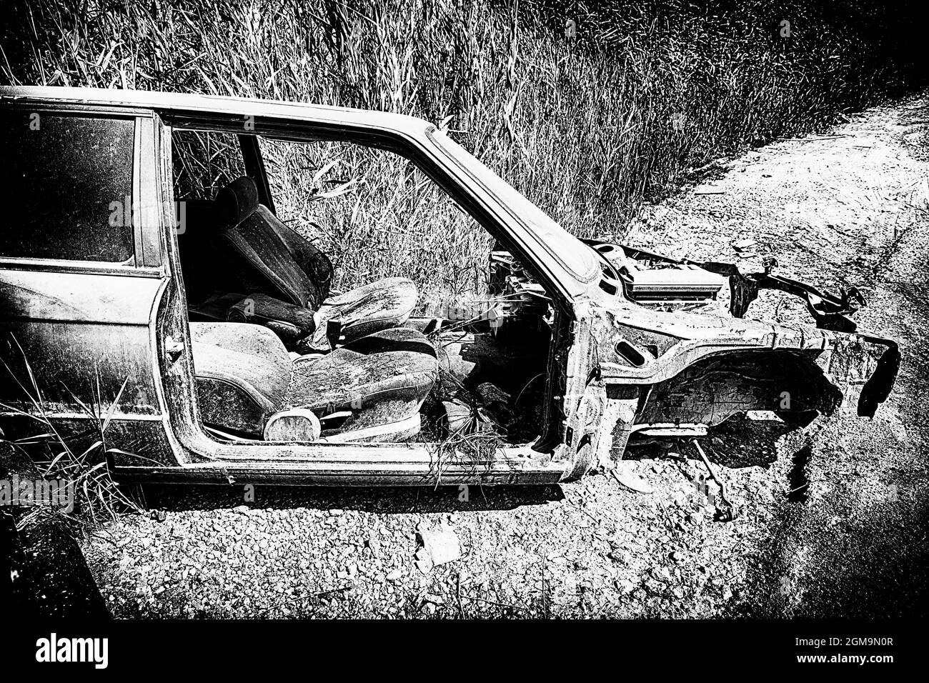 Carcass of a car without doors and hood cover abandoned in nature in black and white style Stock Photo