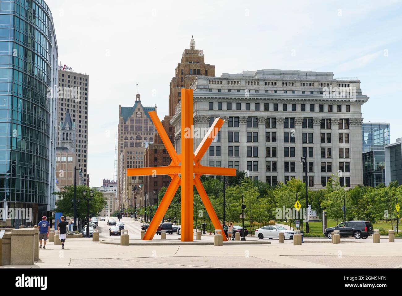 A public sculpture entitled, 'The Calling,' sits at the east end of Wisconsin Avenue in downtown Milwaukee, Wisconsin, photographed in 2020 Stock Photo