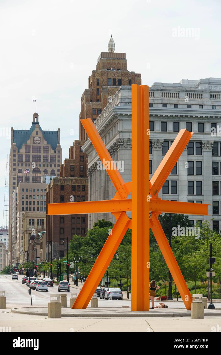 A public sculpture entitled, 'The Calling,' sits at the east end of Wisconsin Avenue in downtown Milwaukee, Wisconsin, photographed in 2020 Stock Photo