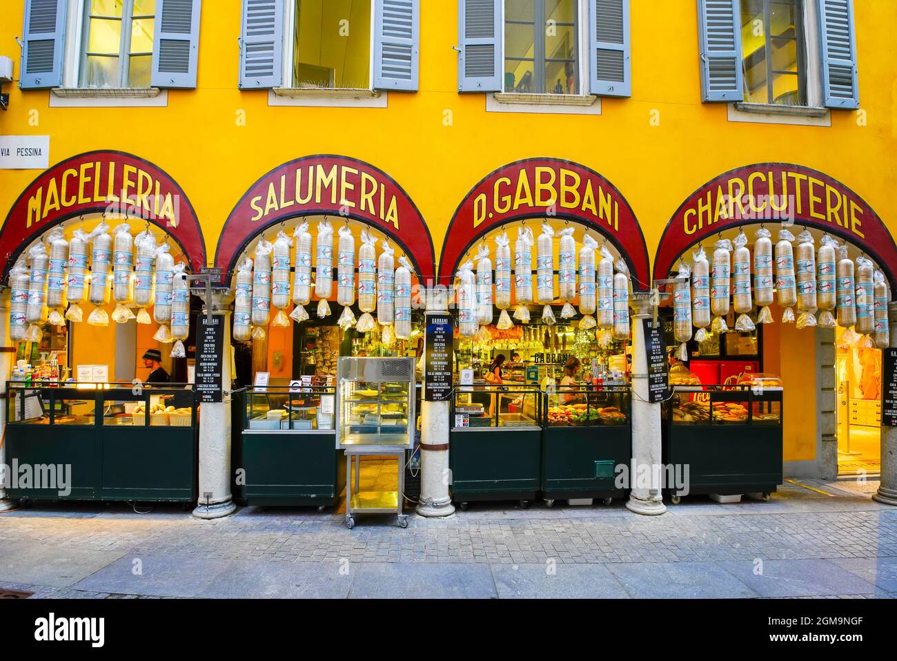 Colorful shop front by via Pessina, Lugano, Canton of Ticino. Switzerland. Stock Photo
