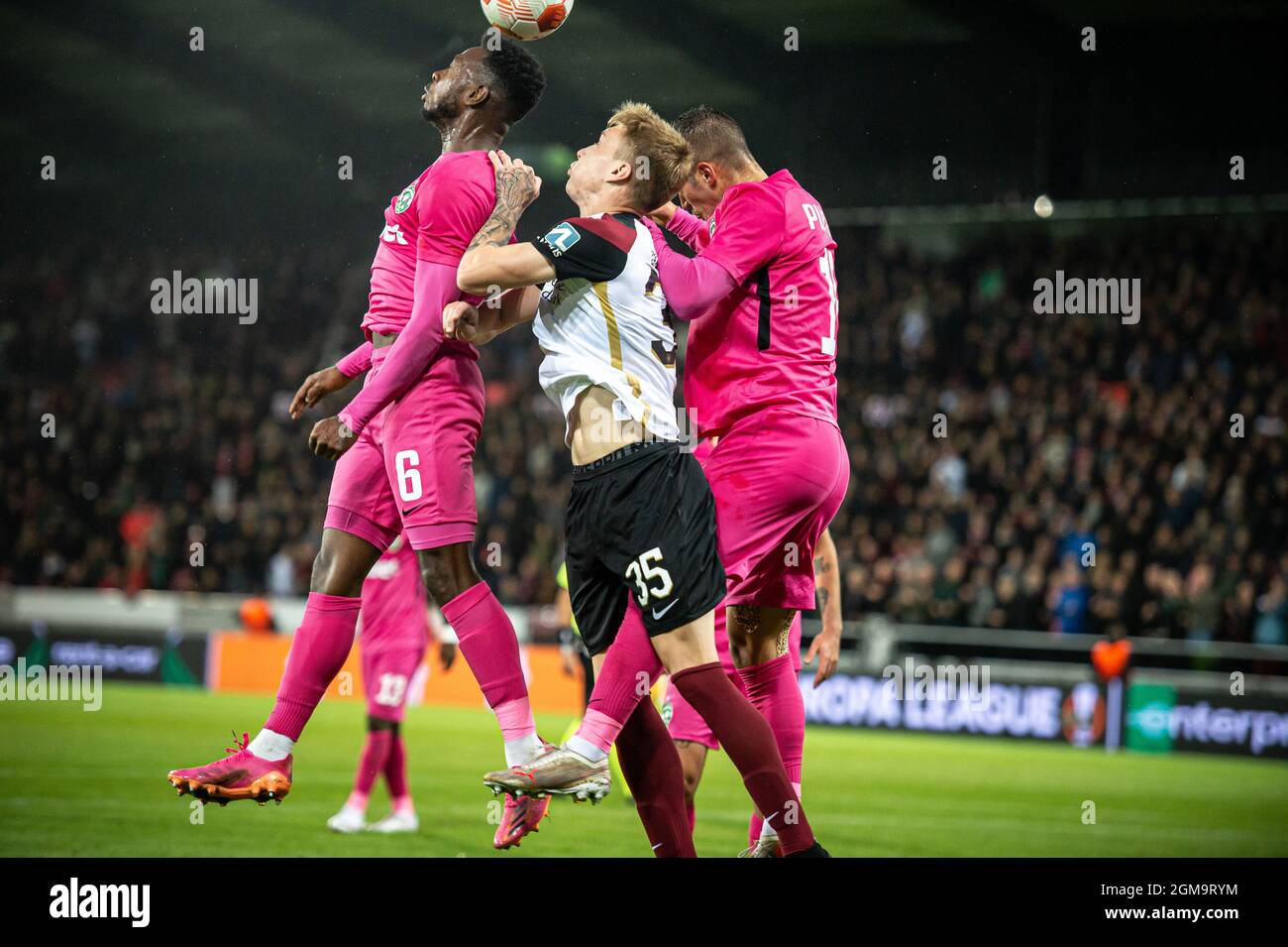 Herning, Denmark. 16th Sep, 2021. Charles (35) of FC Midtjylland seen in between Shaquille Pinas (6) and Pieros Sotiriou (19) of Ludogorets Razgrad during the UEFA Europa League match between FC Midtjylland and Ludogorets Razgrad at MCH Arena in Herning. (Photo Credit: Gonzales Photo/Alamy Live News Stock Photo