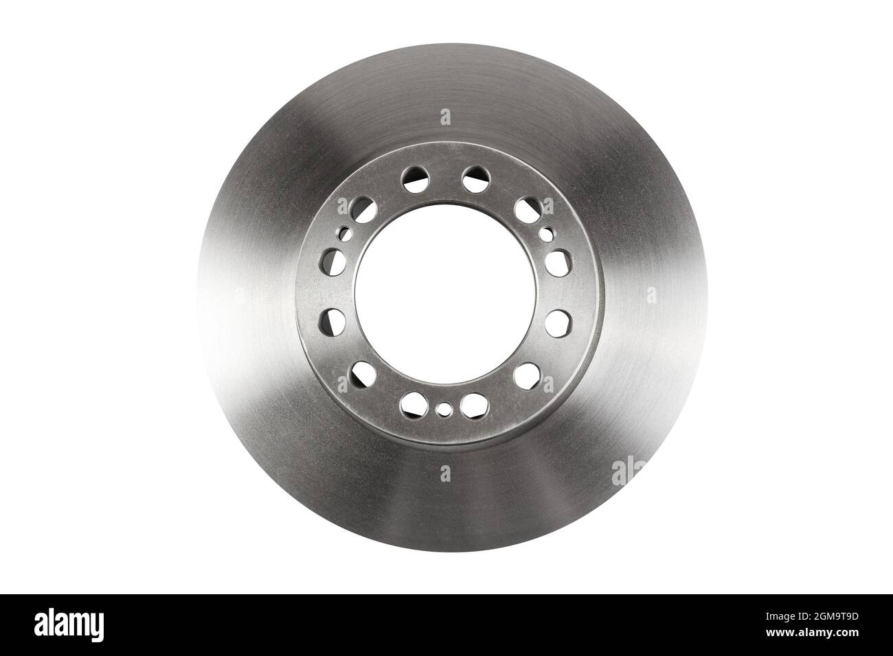 The front brake disc of a passenger car's top view is isolated on white background. A spare part for a passenger car. Part of the braking system of a Stock Photo