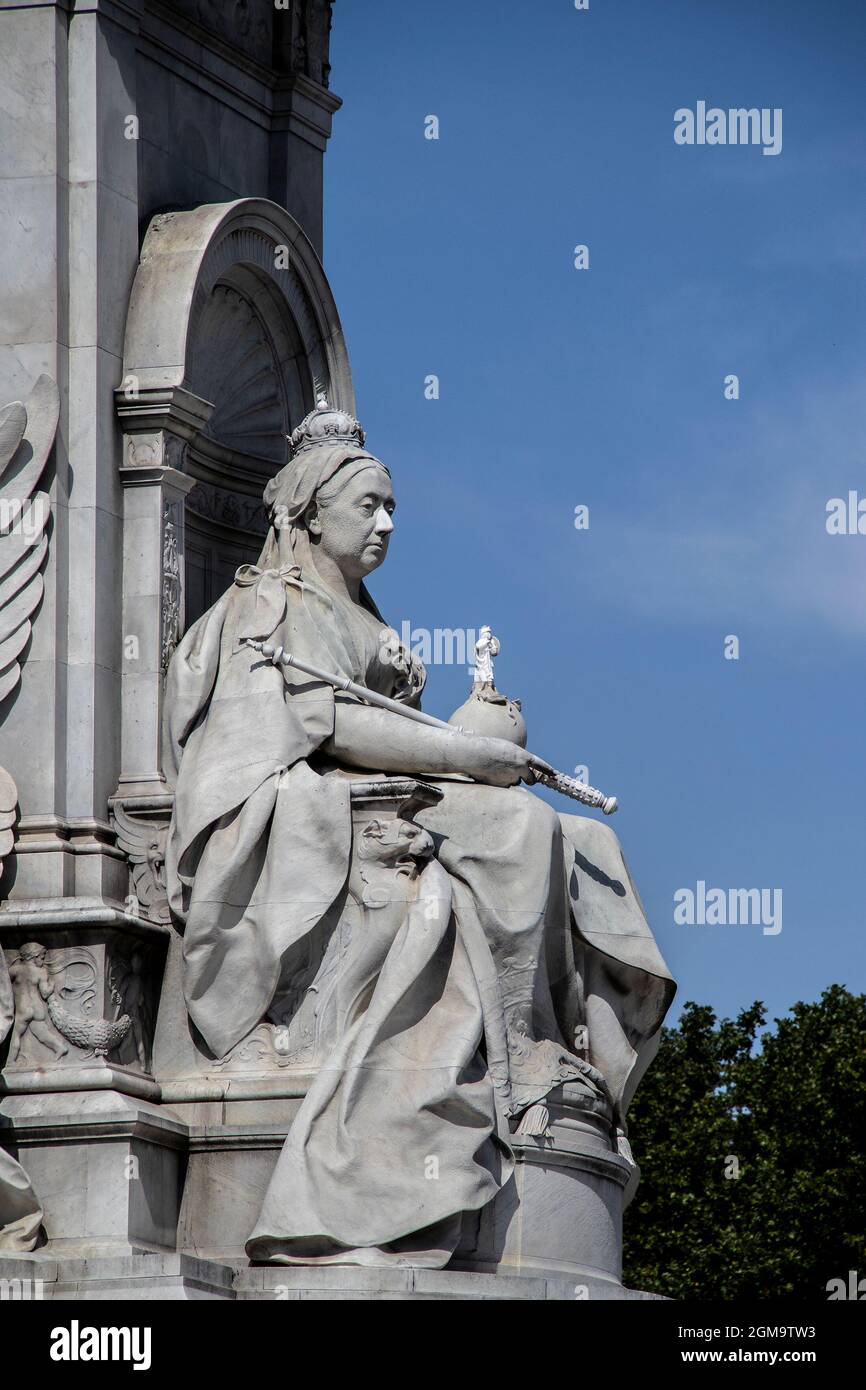 07-24-2019 London UK -Closeup of statue of Queen Victoira located in front of Buckingham Palace  - Detail that shows rough texture of some areas and n Stock Photo