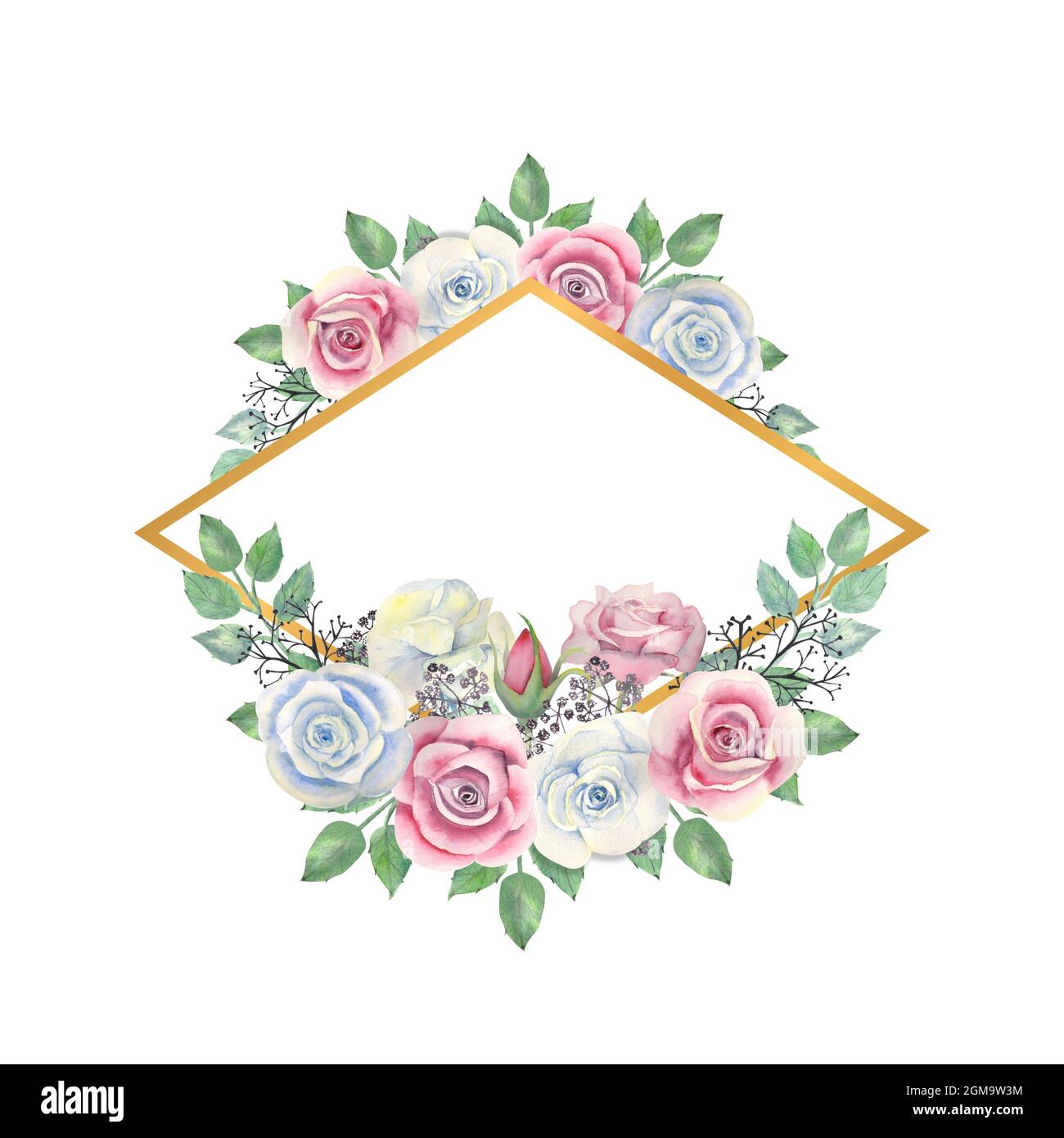Blue and pink roses flowers, green leaves, berries in a gold diamond ...