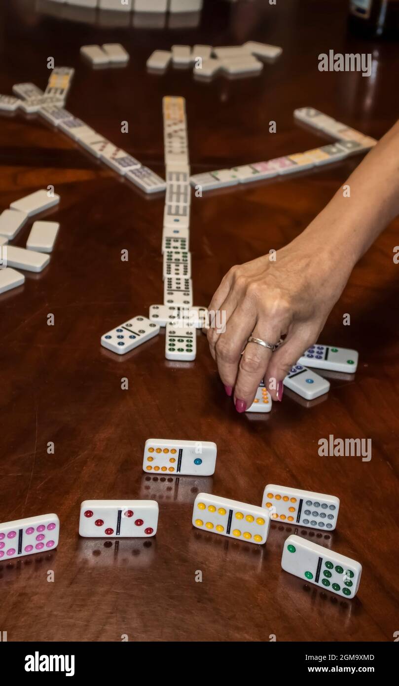 A game of chicken claw dominos with a hand playing a tile and showing one persons game pieces with reflections in wooden table Stock Photo