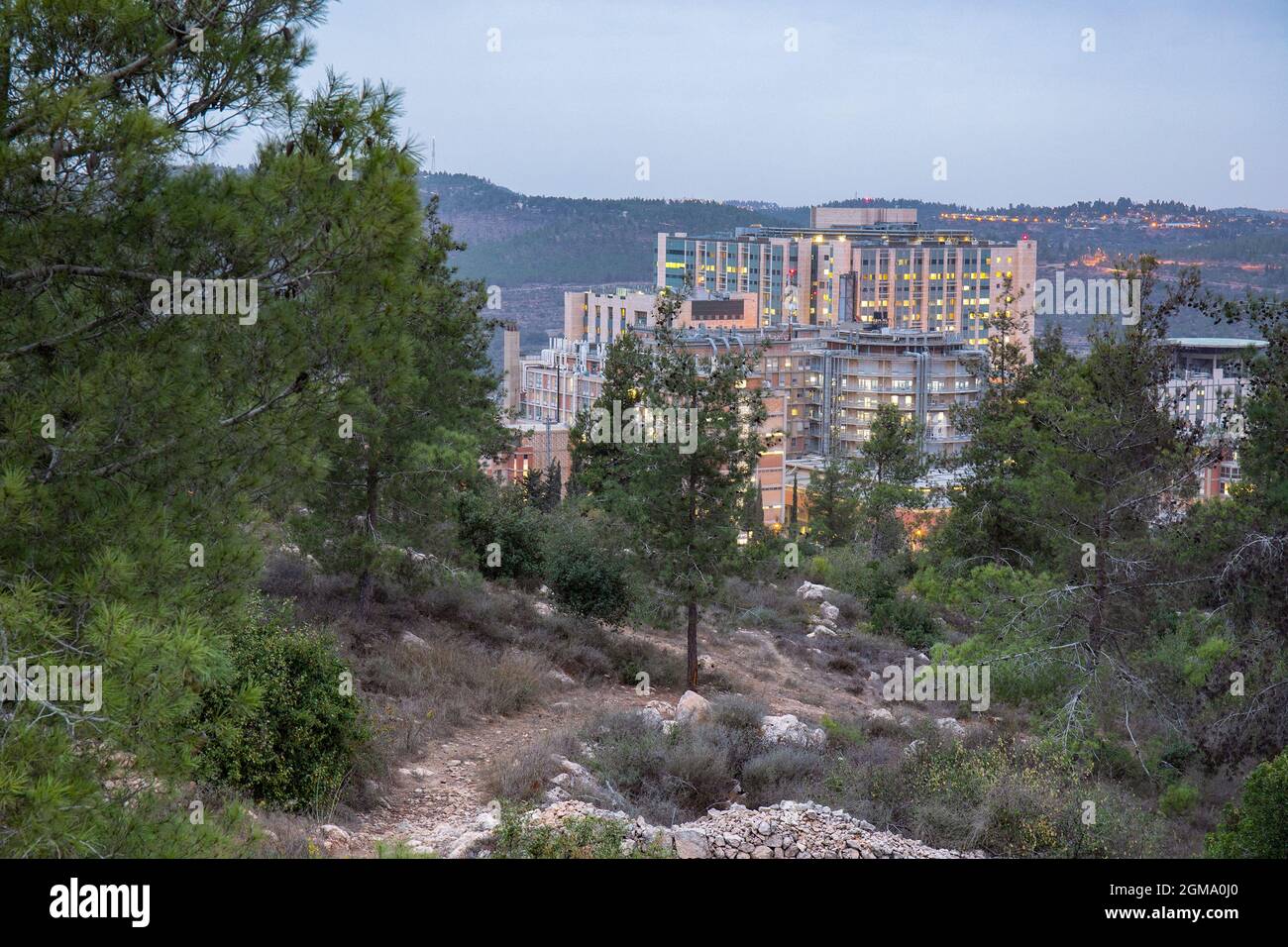 Jerusalem, Israel - October 10th, 2018: Hadassah hospital, located on the outskirts of Jerusalem, Israel, surrounded by pine forests, on a clear eveni Stock Photo