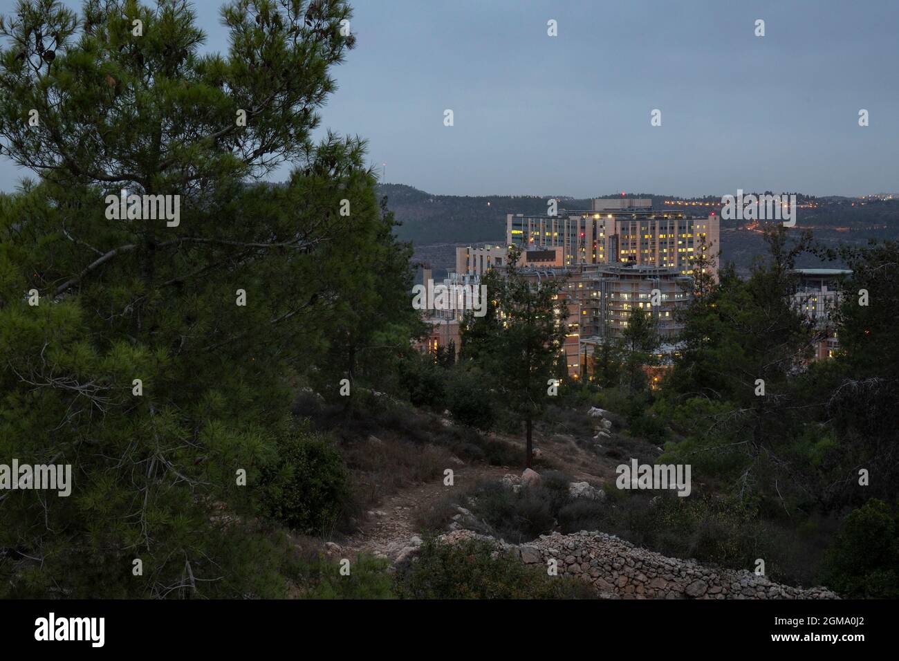 Jerusalem, Israel - October 10th, 2018: Hadassah hospital, located on the outskirts of Jerusalem, Israel, surrounded by pine forests, on a clear eveni Stock Photo