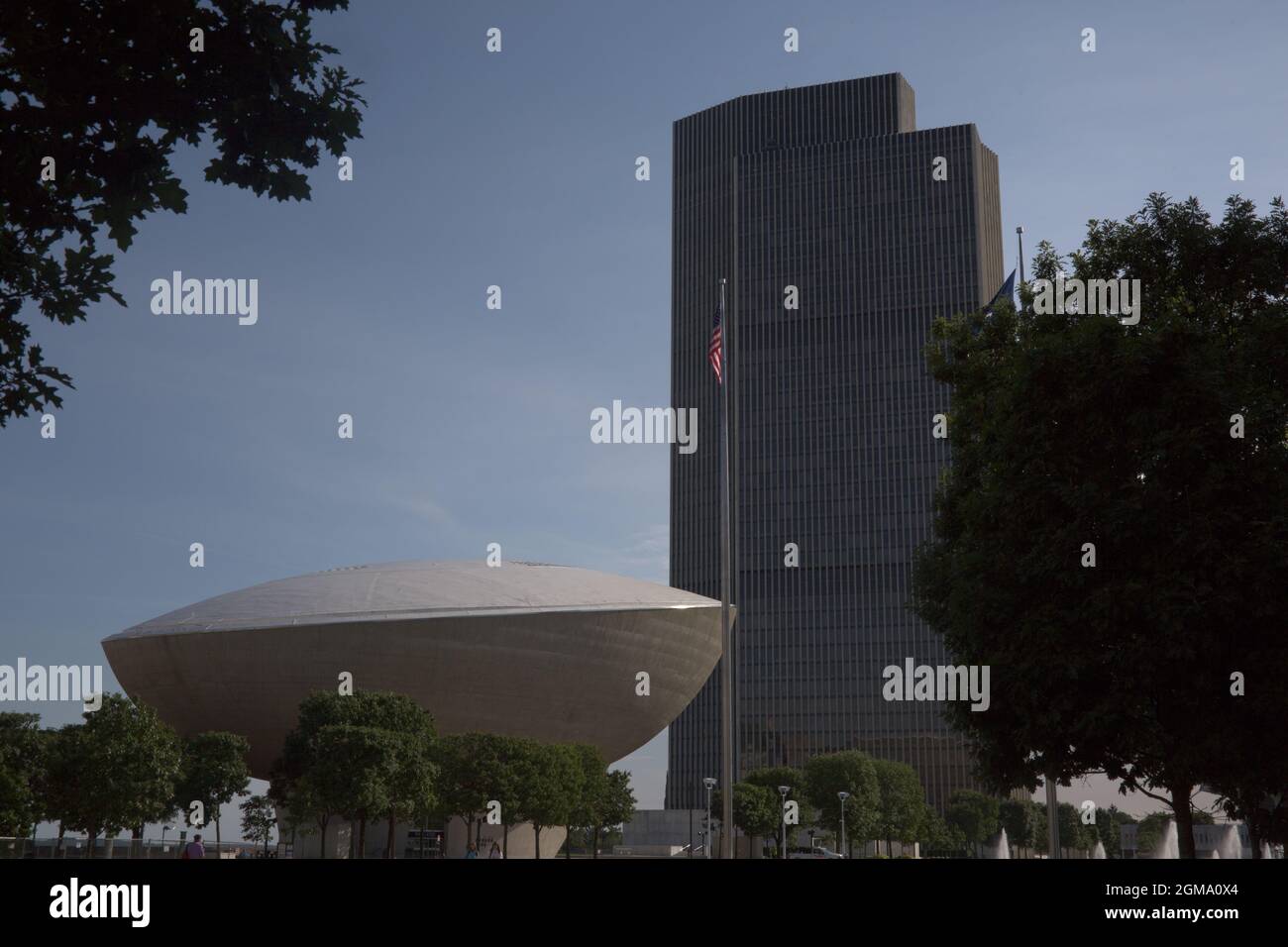 Views of the Nelson Rockefeller Empire State Plaza in Albany, New York.  The Egg, designed by Harrison and Abramovitz, is an example of modern architecture. Stock Photo