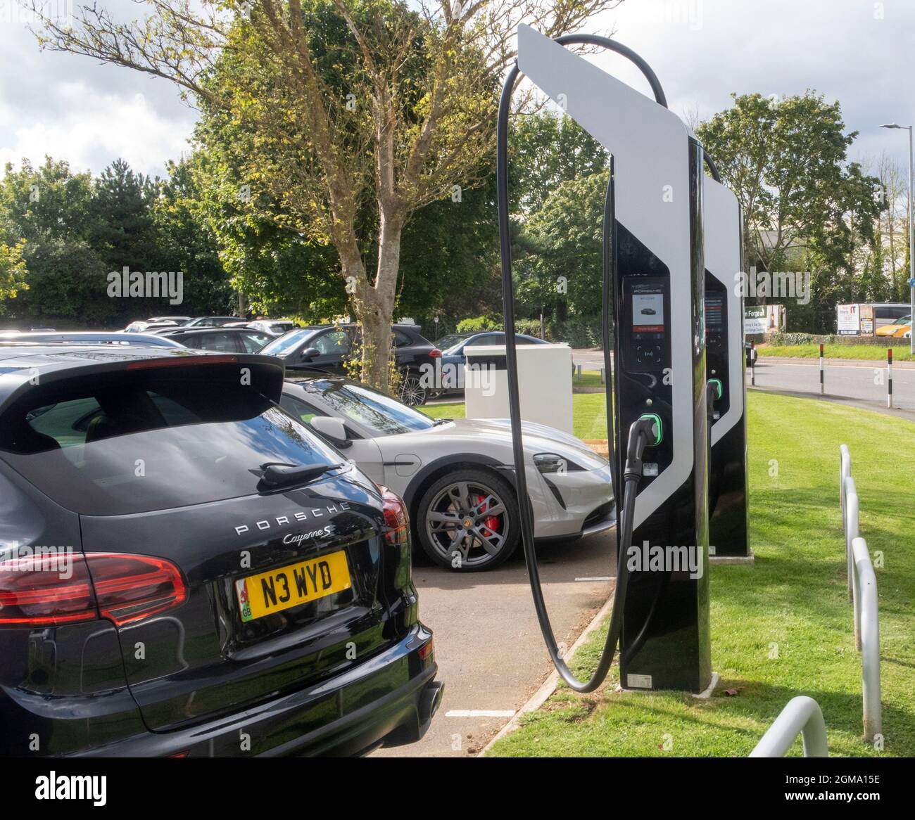 Electric car charging points outside Porsche car dealers in Marsh