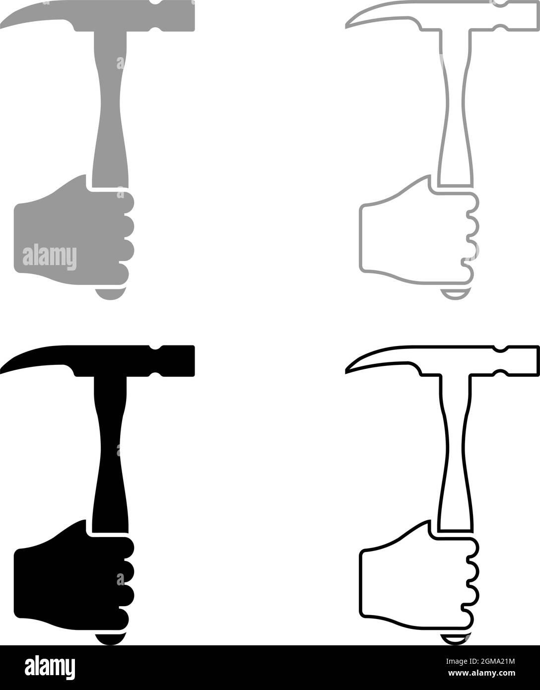 Hammer in hand holding tool use Arm using Working concept set icon grey