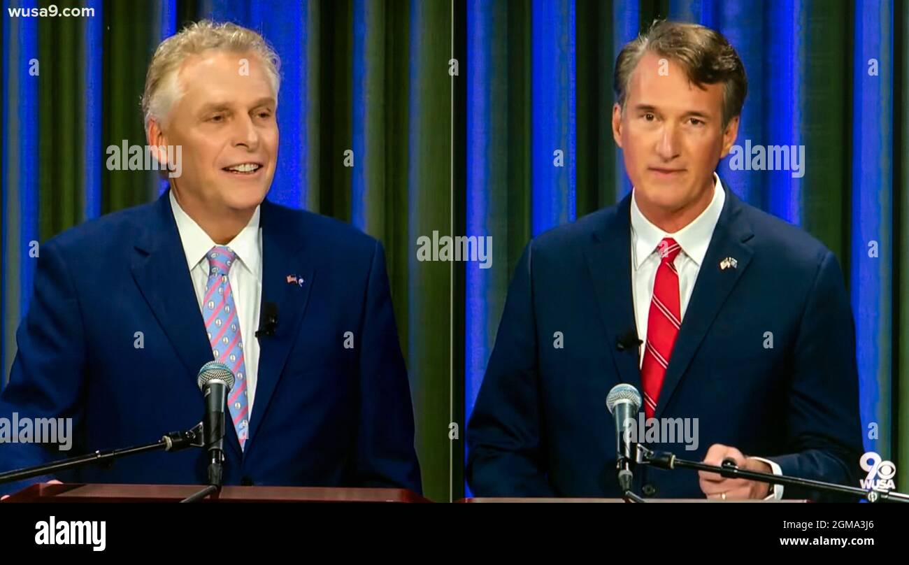 Grundy, Virginia, USA. 17th Sep, 2021. The two major party candidates for governor of Virginia, Democrat TERRY MCAULIFFE, left, and Republican GLENN YOUNGKIN, square off in a debate at the Appalachian School of Law on September 16, 2021.(Credit Image: © Wusa9.Com/ZUMA Press Wire) Stock Photo