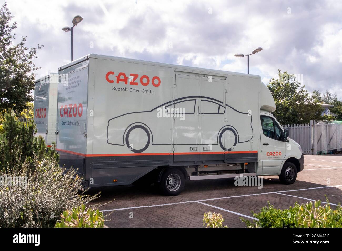 Cazoo delivery vehicle at a car showroom, customer centre, online car dealer, Marsh Barton,Exeter. Car sales. Stock Photo