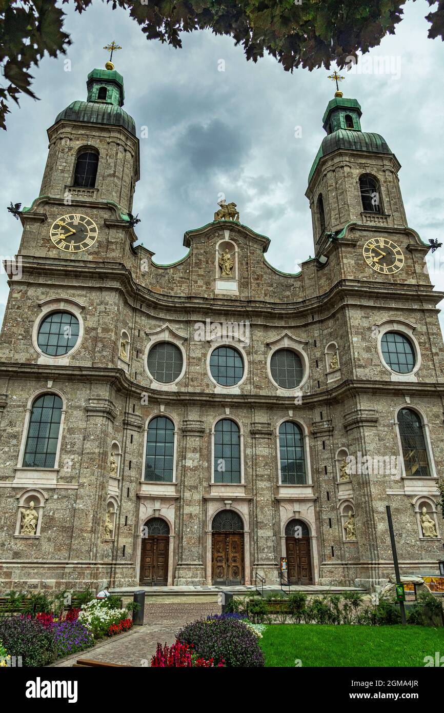 The Cathedral of St. James is the main Catholic place of worship in the city of Innsbruck, it represents an example of Baroque architecture in Austria Stock Photo