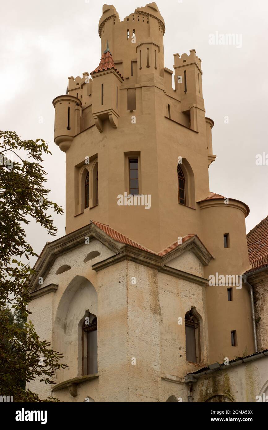 Tower of renaissance Breclav castle is a castle building built on the foundations of an older castle in Czech Republic. Stock Photo