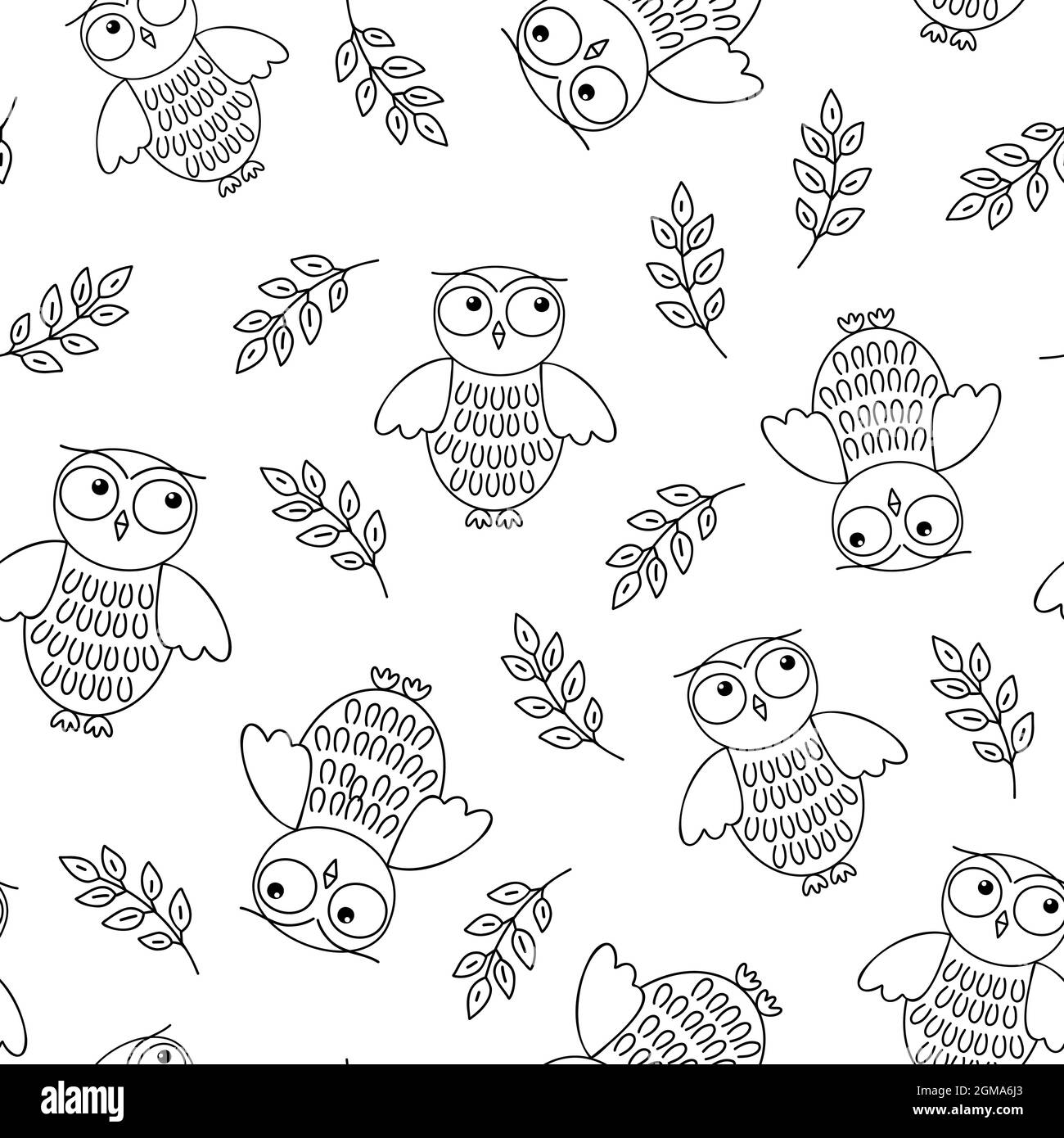 Cute doodle owl and tree branch with leaves seamless pattern, simple outline hand drawn vector ...