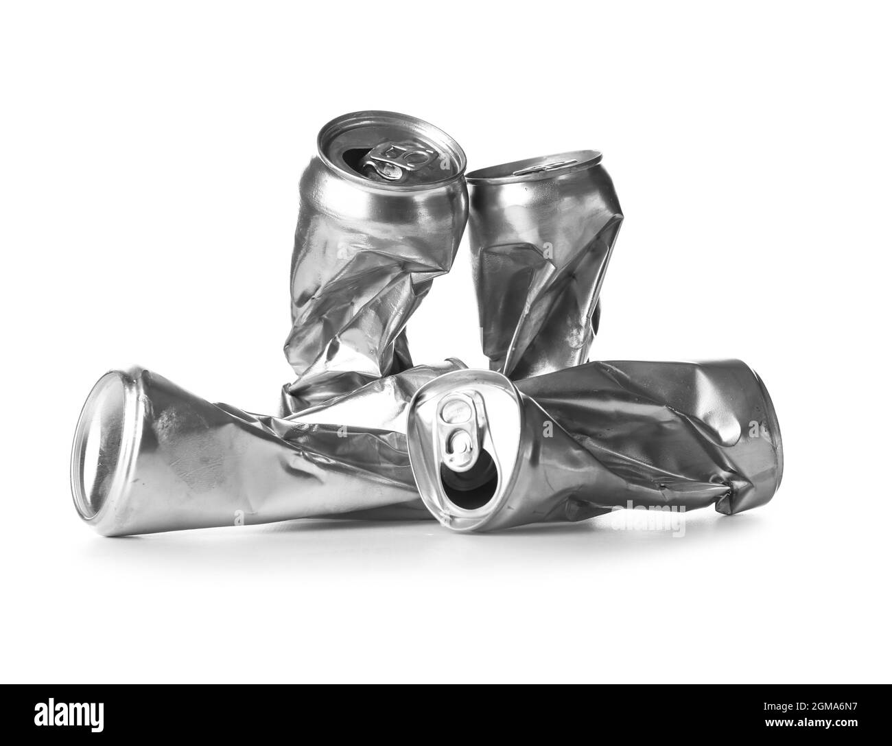 Crumpled tin cans on white background Stock Photo Alamy