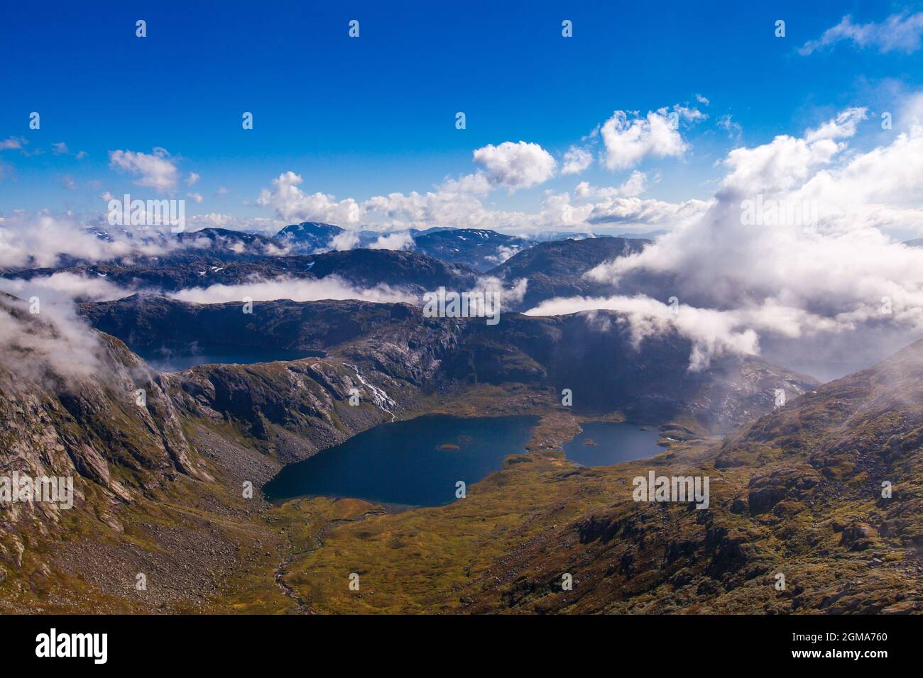Mountain view in Rosendal Norway. Panorama of mountains and lake in Rosendalsalpene. Stock Photo