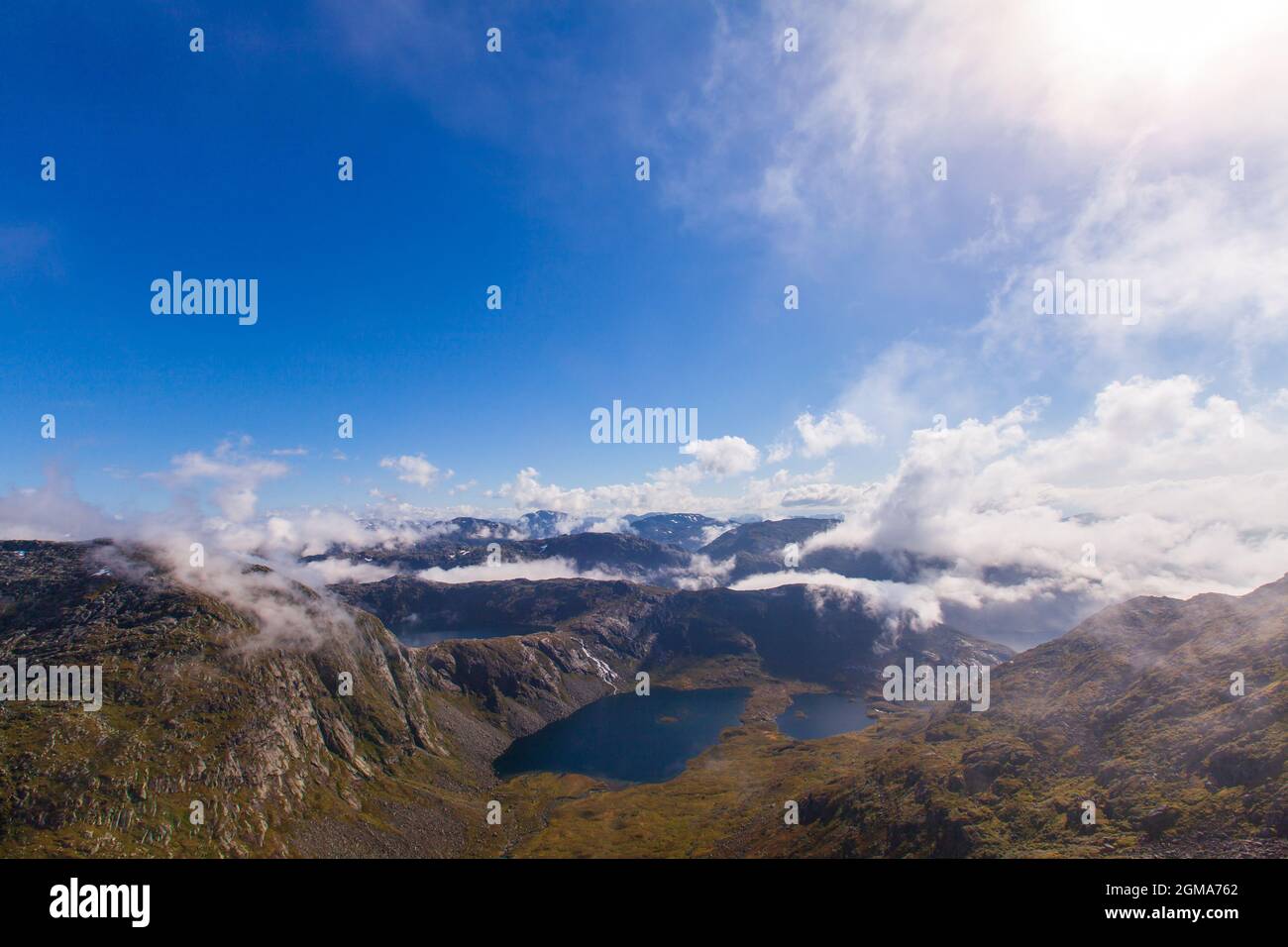 Mountain view in Rosendal Norway. Panorama of mountains and lake in Rosendalsalpene. Stock Photo