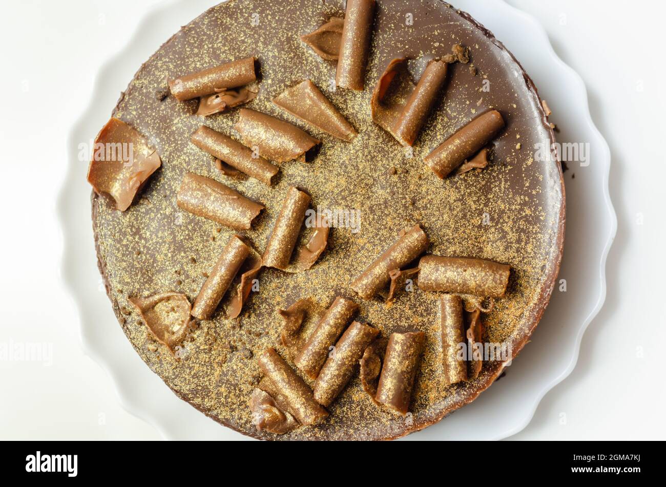 Digestive biscuit base with chocolate cheesecake and pockets of salted