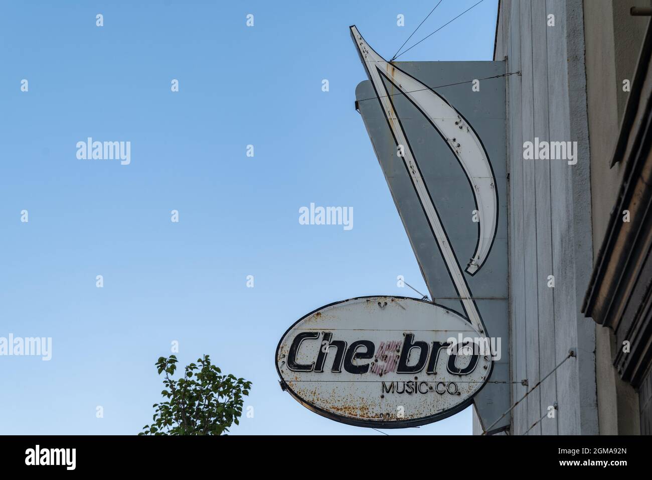 Idaho Falls, Idaho - August 22, 2021: Retro neon sign for Chesbro Music Company, in downtown area Stock Photo