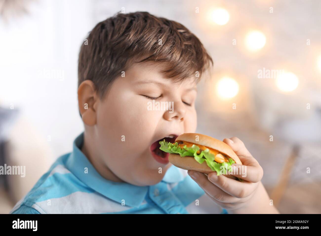 Overweight boy eating burger indoors Stock Photo Alamy