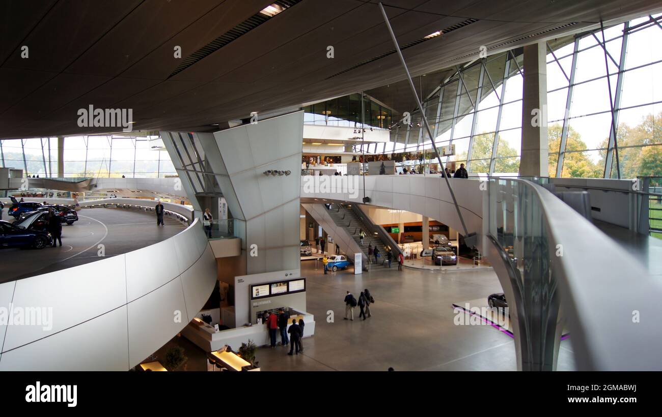 MUNICH, GERMANY - 12 OCTOBER 2015: Interior view of BMW Welt Munich, the delivery and experience centre of the BMW car brand Stock Photo