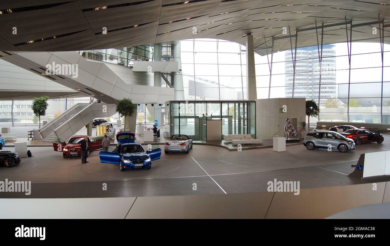 MUNICH, GERMANY - 12 OCTOBER 2015: Interior view of BMW Welt Munich, the delivery and experience centre of the BMW car brand Stock Photo