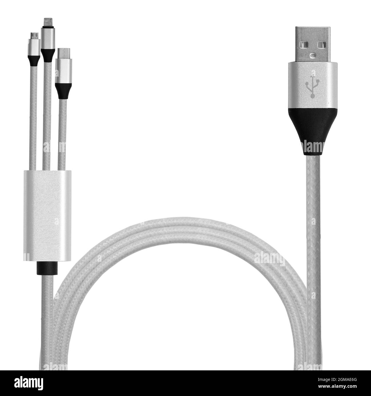Usb cable with three different point ends for charging a mobile phone  isolated on white background. Charge diffrent types of devices with one  cable Stock Photo - Alamy