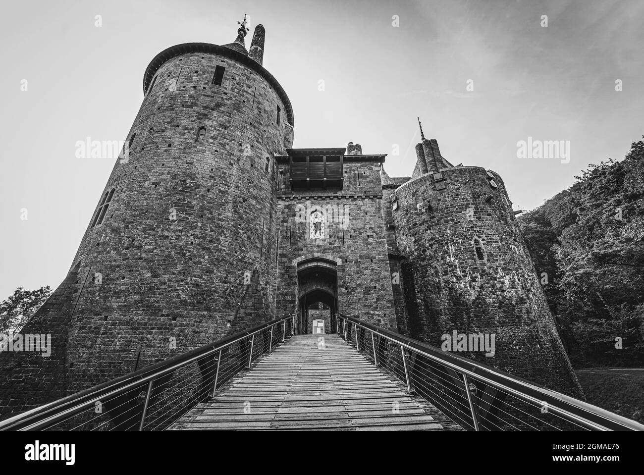 Castell Coch or the Red Castle in black and white. Cardiff, South Wales, the United Kingdom - September 15, 2021 Stock Photo