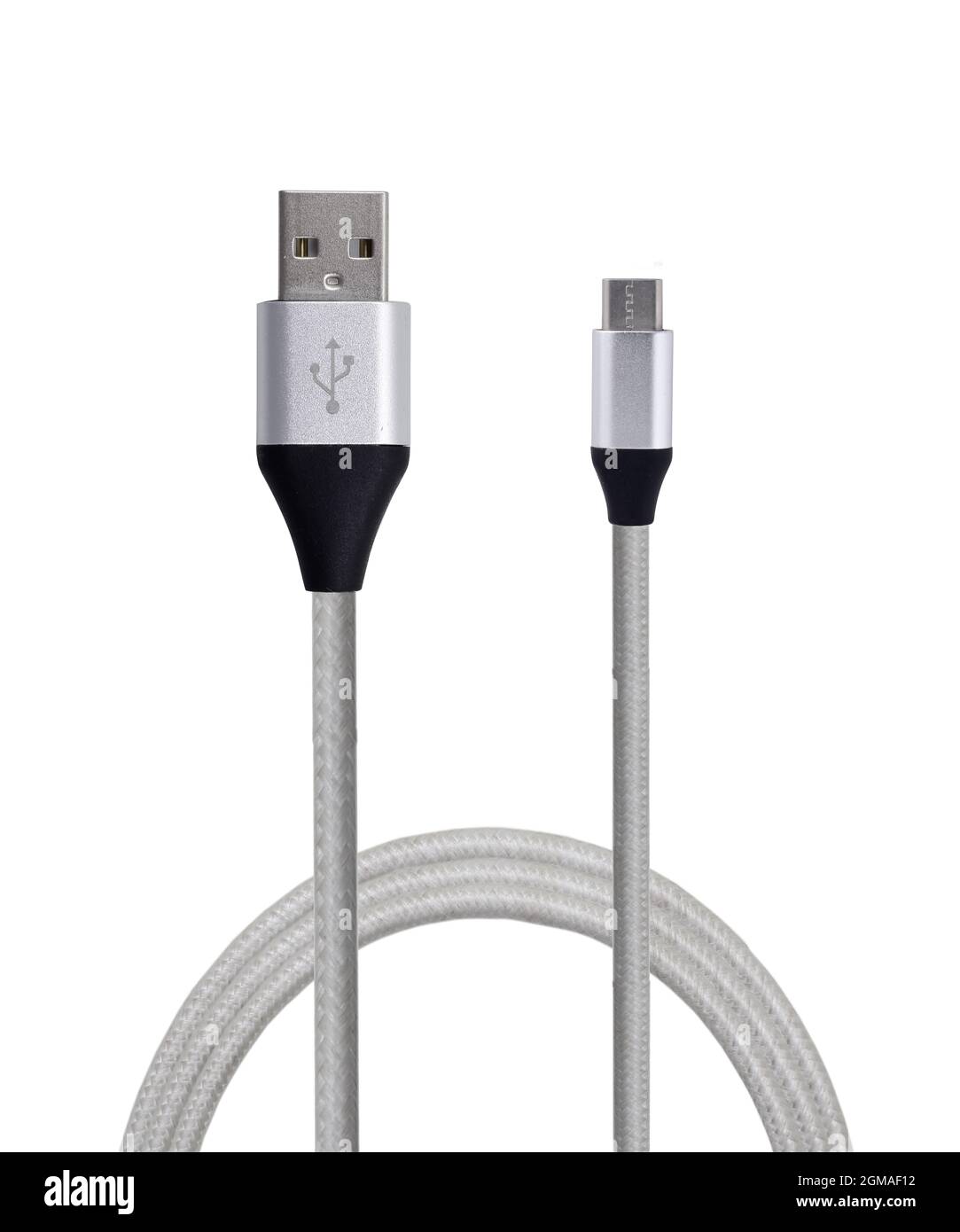 c type cable isolated on white background, silver color, premium quality. Stock Photo