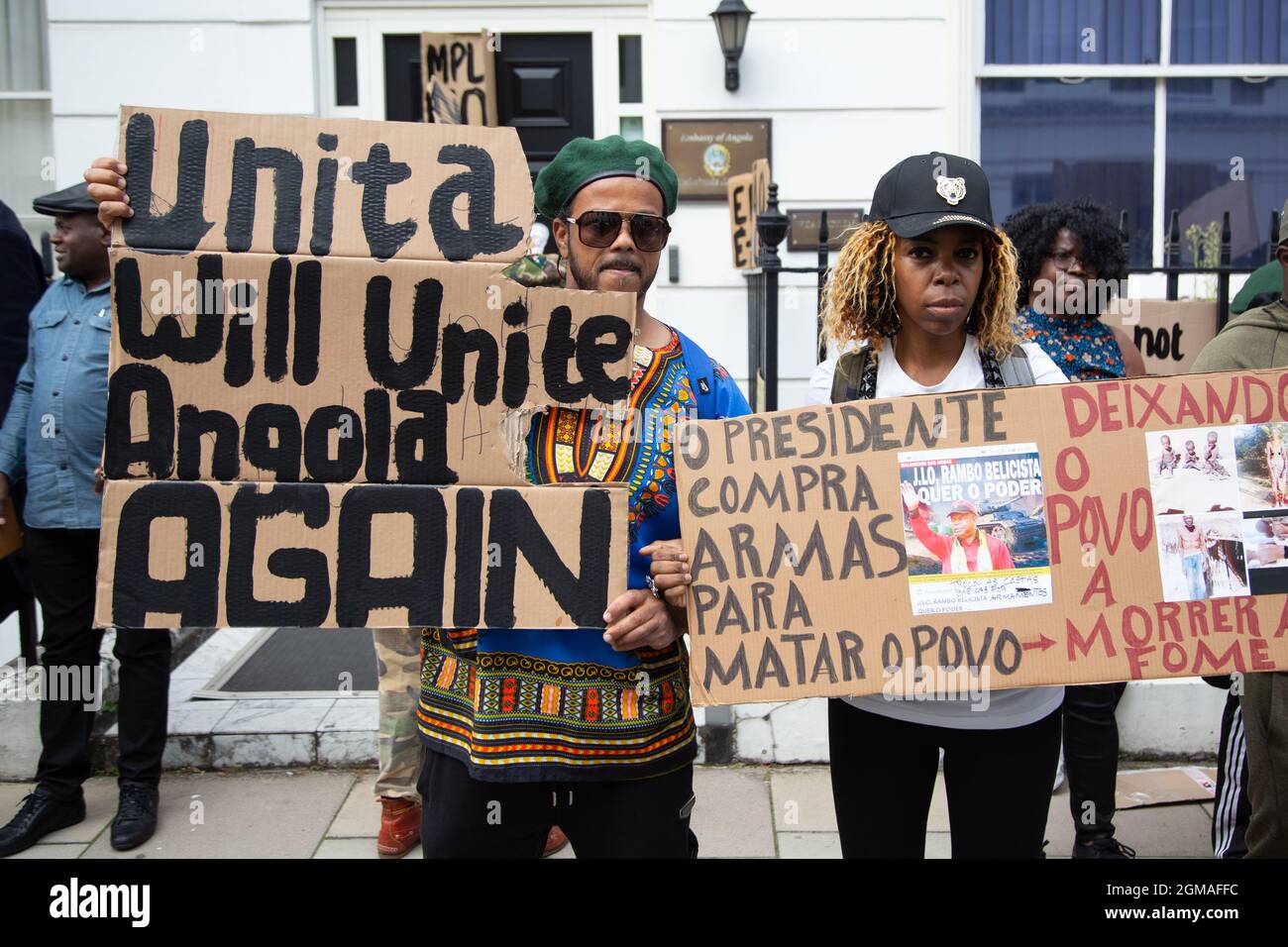 London, UK. 17th Sep, 2021. Protesters hold placards during the demonstration.Activists held a protest against the rise of human rights Abuse, pedophilia and corruption in Angola. (Photo by Thabo Jaiyesimi/SOPA Images/Sipa USA) Credit: Sipa USA/Alamy Live News Stock Photo