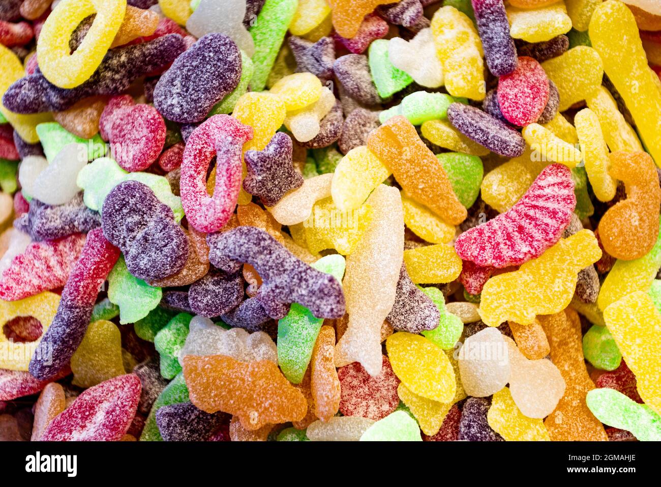 Assorted gummy candies. Top view. Jelly sweets. Stock Photo