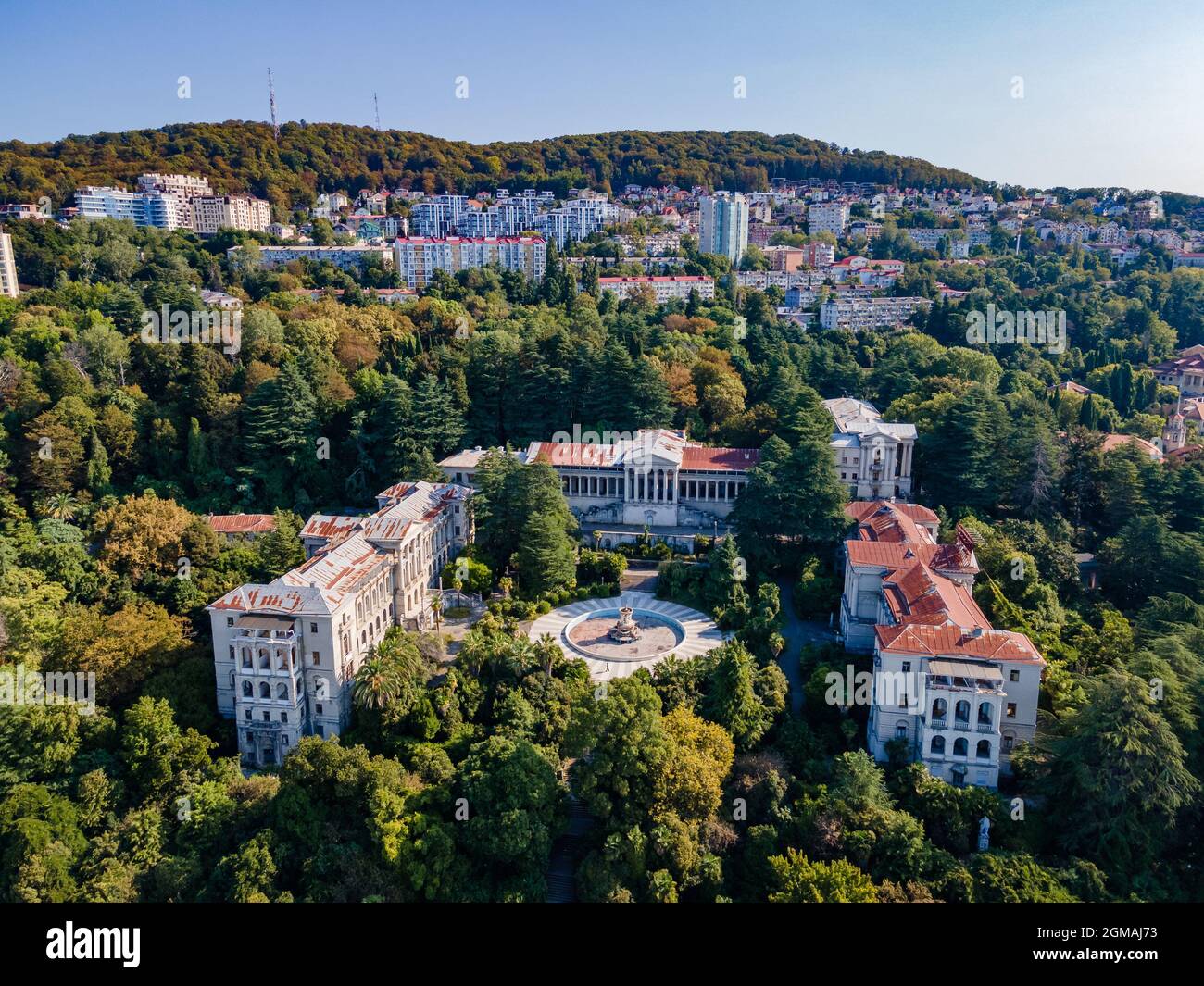 Russia, Krasnodar Krai, Sochi, Aerial view of courtyard of abandoned Sanatorium Ordzhonikidze Stock Photo