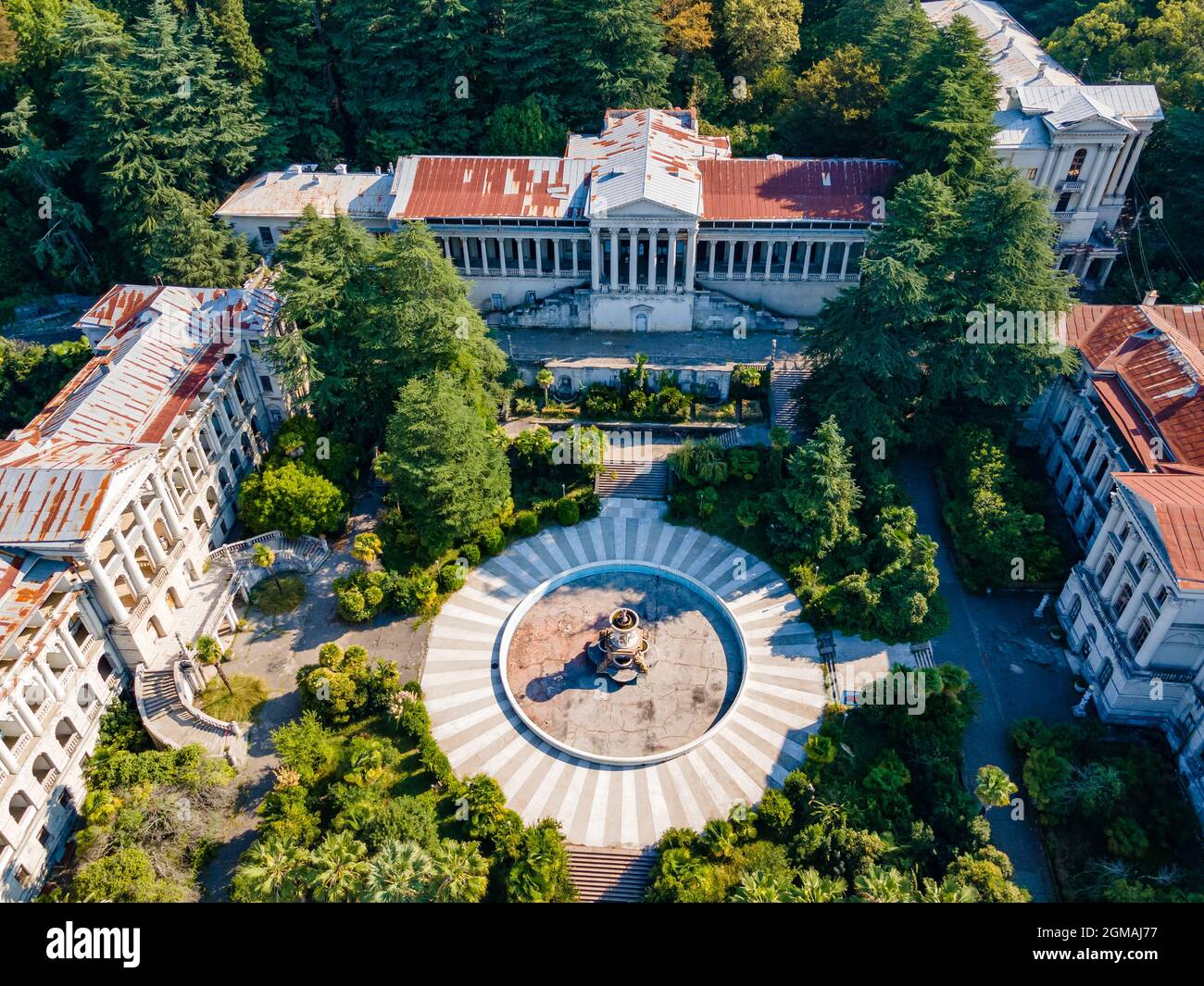 Russia, Krasnodar Krai, Sochi, Aerial view of courtyard of abandoned Sanatorium Ordzhonikidze Stock Photo