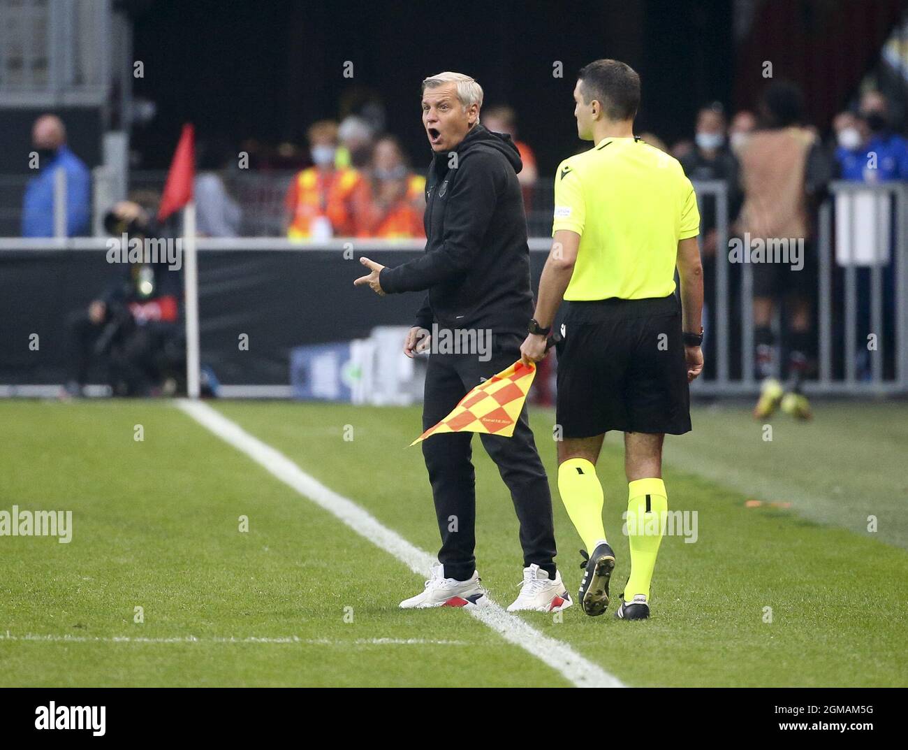 Coach of Stade Rennais Bruno Genesio during the UEFA Europa Conference League, Group Stage, Group G football match between Stade Rennais and Tottenham Hotspur on September 16, 2021 at Roazhon Park stadium in Rennes, France - Photo: Jean Catuffe/DPPI/LiveMedia Stock Photo